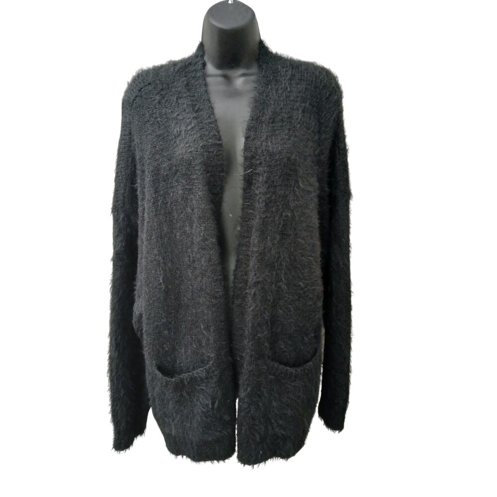 AMERICAN EAGLE Black Fuzy Cozy Open Front Cardigan w/ Pockets sz M